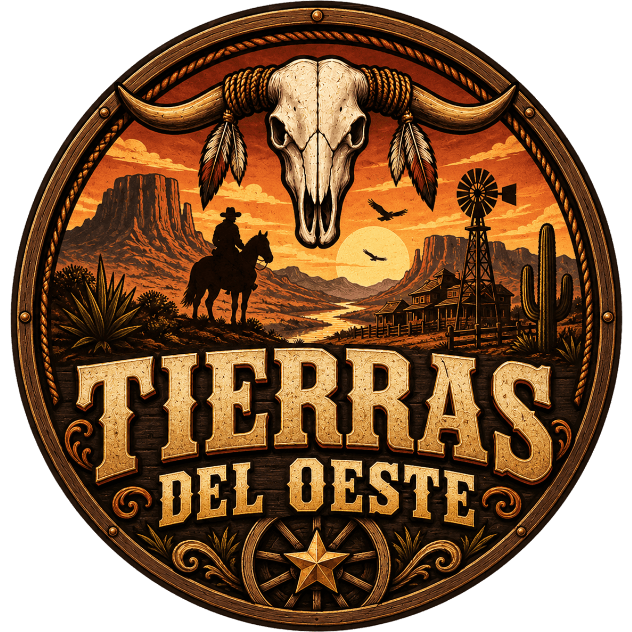 Tierras del Oeste: emblema western con cráneo de toro y paisaje de la frontera